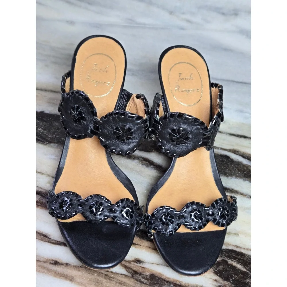 Jack Rogers‎ Womens Black Leather Whipstitched Rondelle Wedge Sandals Size 6M